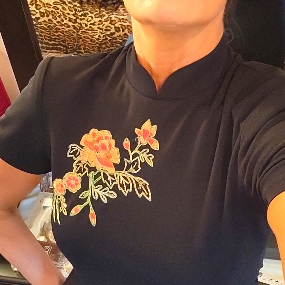 Vintage Black Mandarin-Inspired Sheath Dress, Pink/Orange Floral Embroidery, 8 - Picture 12 of 16